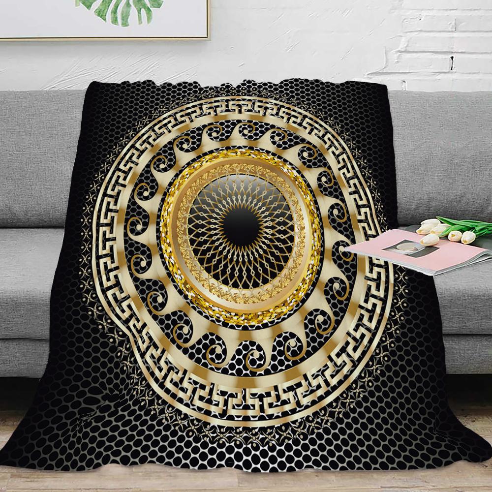 Couverture Plaid en Flanelle Luxe Noir Or Clé Grecque Méandre Baroque Douce Peluche Moelleuse Chaude Décoration Maison Couette Linge de Lit Cadeau