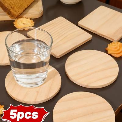 5Pcs Solid Wood Coffee Mug Coaster Heat Resistant Anti-slip Cup Mat Water Cup Base DIY Craft Painting Wood Engraving Decoration