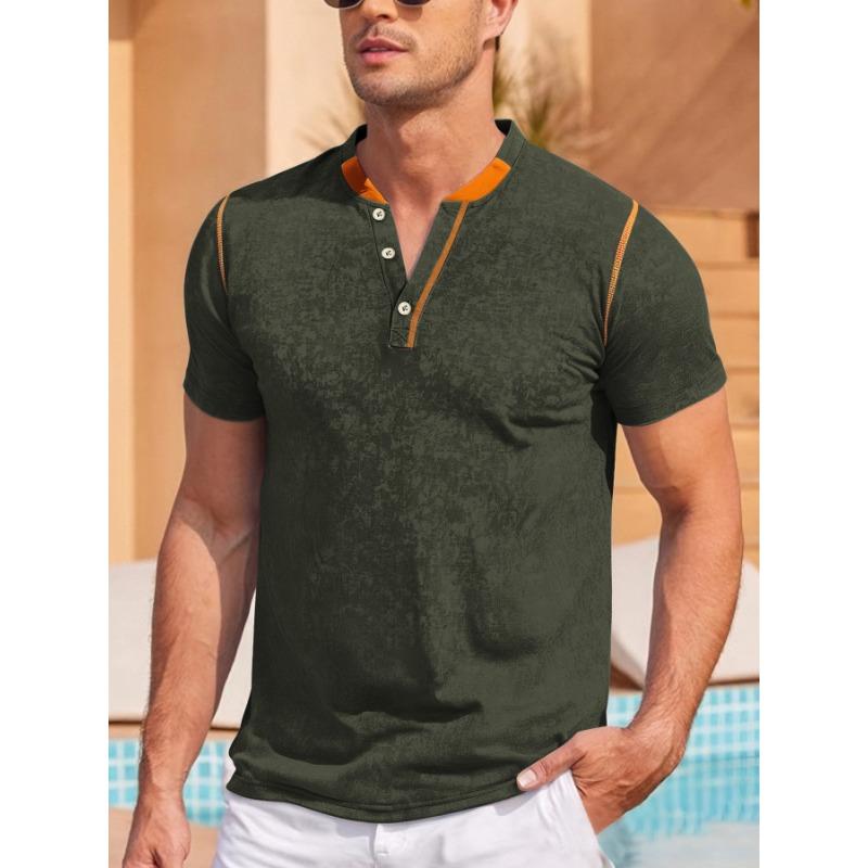 Men's Buttoned Henry T-shirt Foreign Trade Outdoor Sports Casual Top V-neck Short Sleeved Shirt
