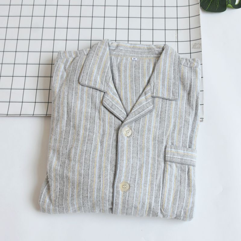 

Fall and Winter New Arrival Men Woven Cotton Brushed Flannel Pajamas Suit Spring & Fall Fresh Gingham Long Sleeves Homewear Grey Stripes M
