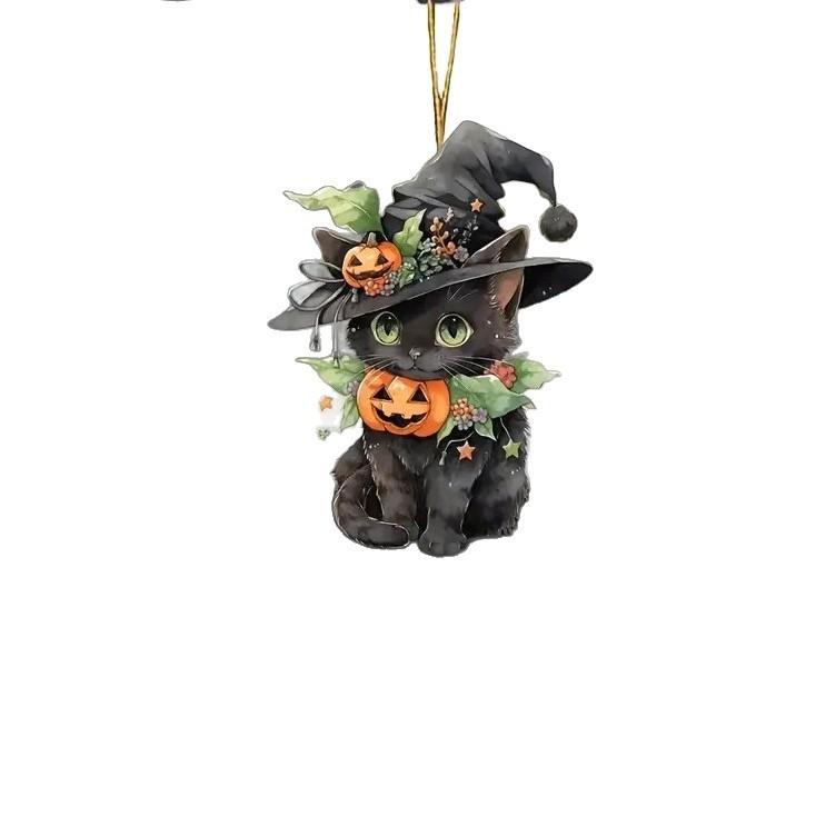 Flat Acrylic Surface Pendant With Halloween Cat Pumpkin Design For Decor Auto
