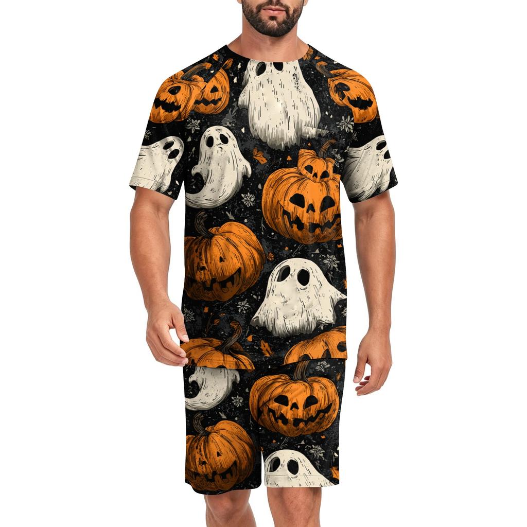 Men's Halloween Casual Pajama Set Short Sleeve Top and Shorts Comfortable Lightweight Sleepwear Set with Pumpkin and Bat Print for Home Use