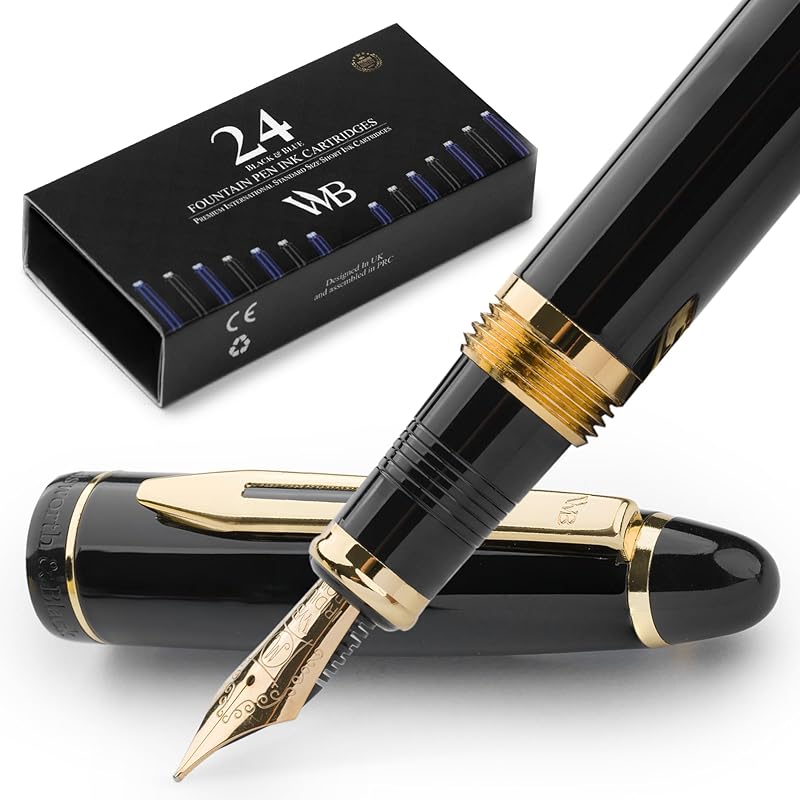 Wordsworth & Black Premium Metal Fountain Pen - Majesty (Black Gold) | 24 Fountain Pen Ink Cartridges (Black & Blue) | 24K Gold Finish | 18K