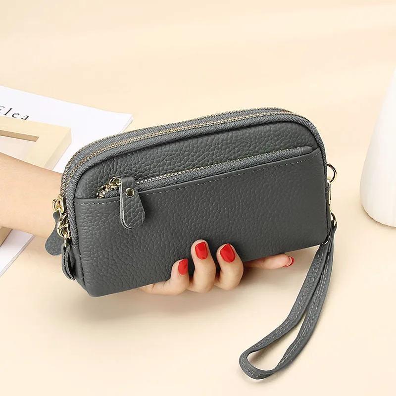 Genuine Leather Women Double Zip Wallet   Ladies Clutch Purse Cowhide Wristlet Bag Coin Purse Fashion Mobile Phone Bags