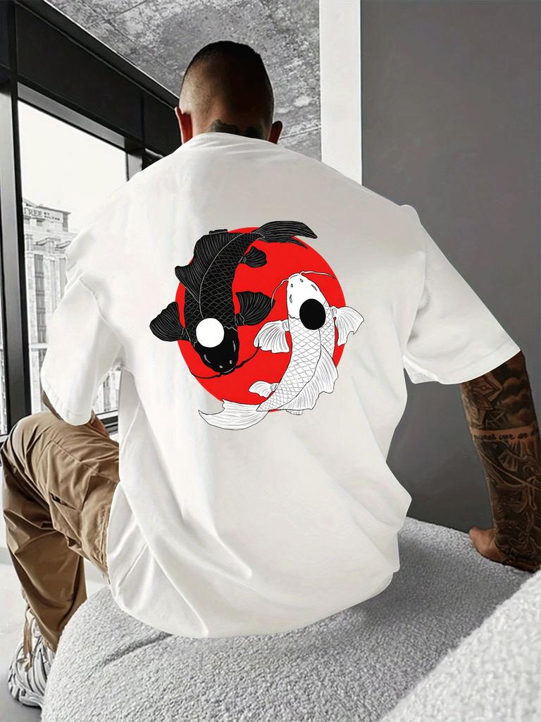 Unisex Summer Black Short Sleeve Tee Yin Yang Koi Fish Back Print Crew Neck Hip Hop Streetwear Loose Casual Male Daily Top
