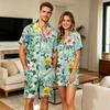 Herenbloemenprint Korte Mouw Pyjamaset met Borstzak voor Casual Slaapkleding en
