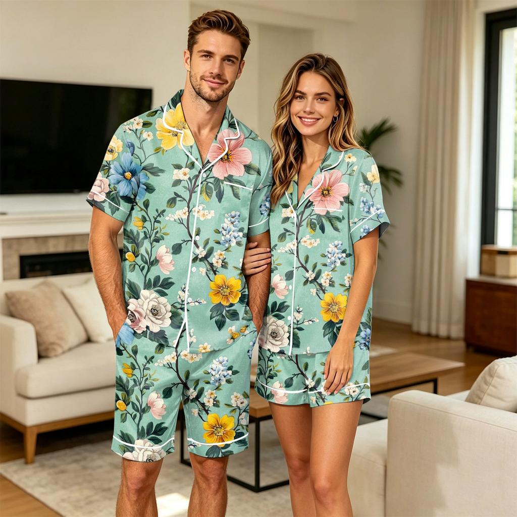 Herenbloemenprint Korte Mouw Pyjamaset met Borstzak voor Casual Slaapkleding en