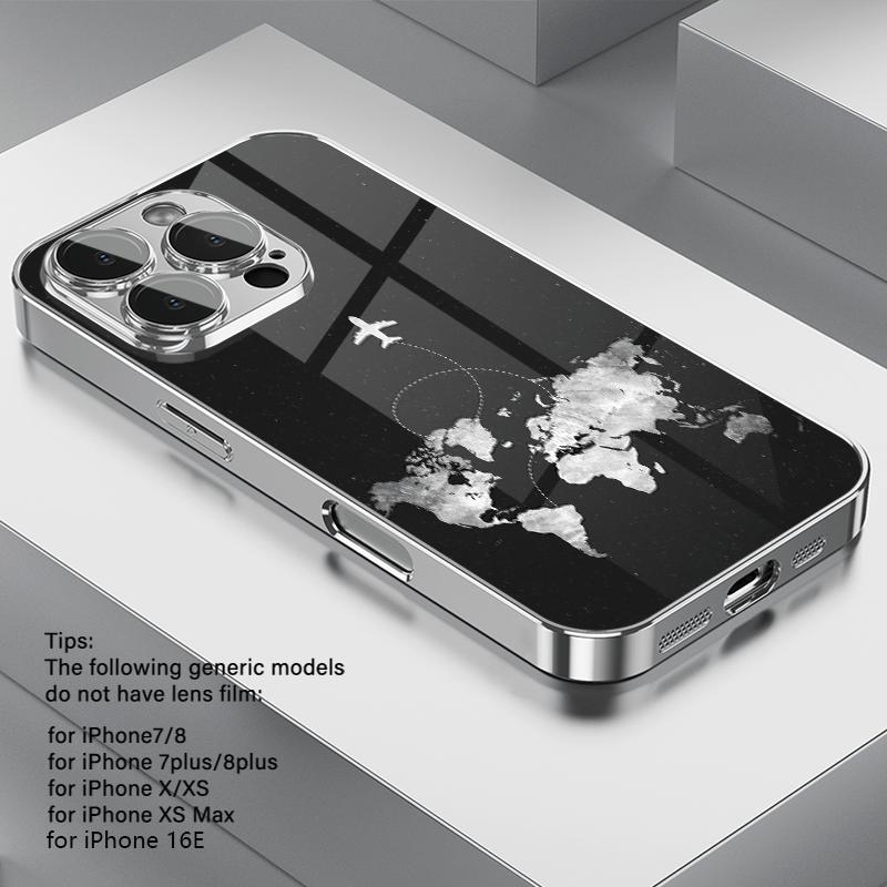 Aircraft route pattern electroplated glass phone case suitable for iPhone 17 16 15 14 13 12 11 Pro Max Plus anti fingerprint