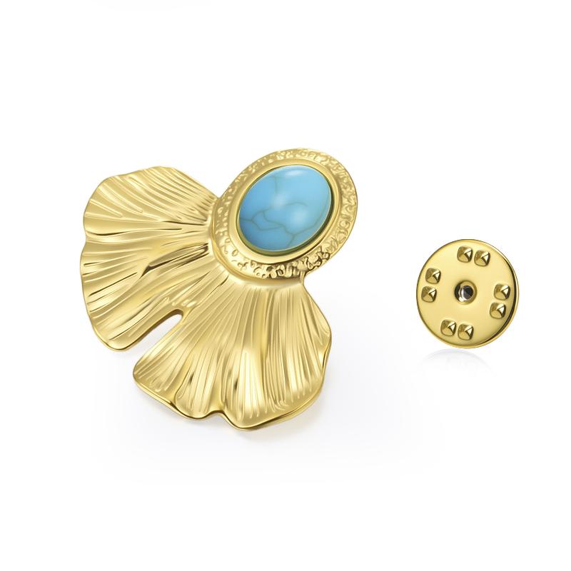 Womens Jewelry Four Petal Flower Brooch French Style Stainless Steel Gold Color Trendy Pin for Wedding Office Gift