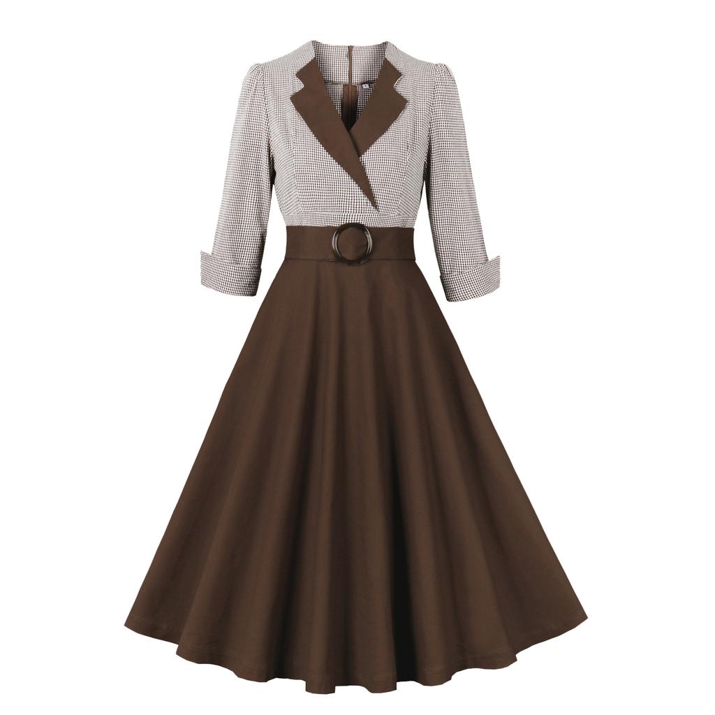 GMXIA Hepburn Style Sub Cut Black Waist Waist Seven-point Sleeve Vintage Elegant Swing Women's Dress Cotton