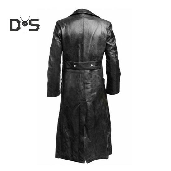 Men Jacket Lapel Long Sleeve Double Breasted Faux Leather Jacket with Pockets Solid Color Mid-length Outerwear