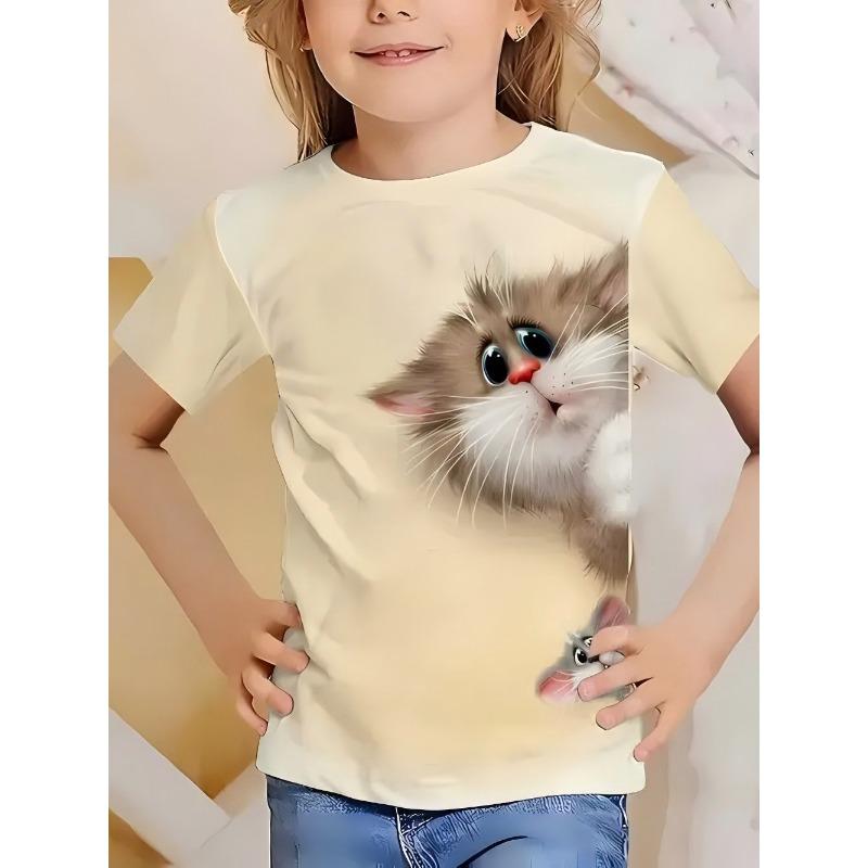 Summer Round Neck 3D Printed Top Fashionable Casual Short Sleeved Children's Girl T-shirts