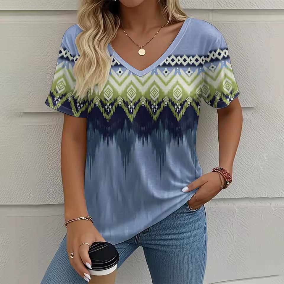 Summer Women's T-Shirt Bohemia Ethnic Style Short Sleeve Tees Fashion V-neck Loose Tops Daily Casual Comfortable Female Clothing