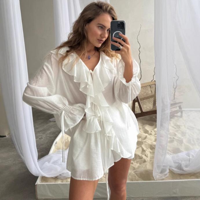 Spring and Autumn 2026 Sweet and Loose Ruffled Two-Piece V-Neck Shirt Shorts Set
