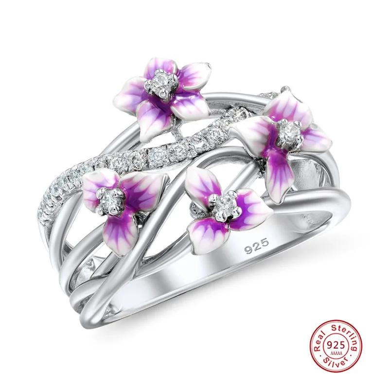 

Authentic Sterling Silver Stackable Violet Drop Glue Ring Daisies Flower Zircon Finger Ring for Women Gift Bijoux 10