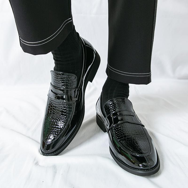 Men Black Loafers Leather Shoes Formal Business Flats Slip on Shoes Wedding Dress Prom Shoes Mosaic Contrast Over Sized