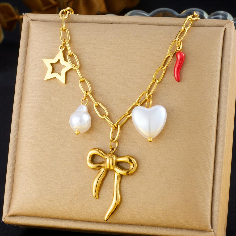 Vintage Multi Element Heart Bow Shell Cherry Cross Eye Chain Necklace