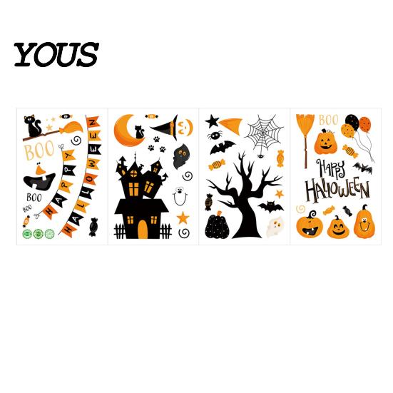Halloween Bat And Castle Decals 4 Sheets Electrostatic Glass Stickers, Cartoon Pumpkins Bats Window Q-version Decorations PVC Waterproof Static Clings