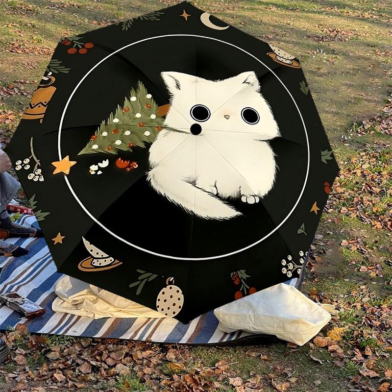 1PC cat, Christmas Automatic Open/Close Umbrella with Windproof, 8-Rib Sturdy Canopy, Durable Ribs, Fashionable Design, Outdoor Accessory, Fun Prin, H