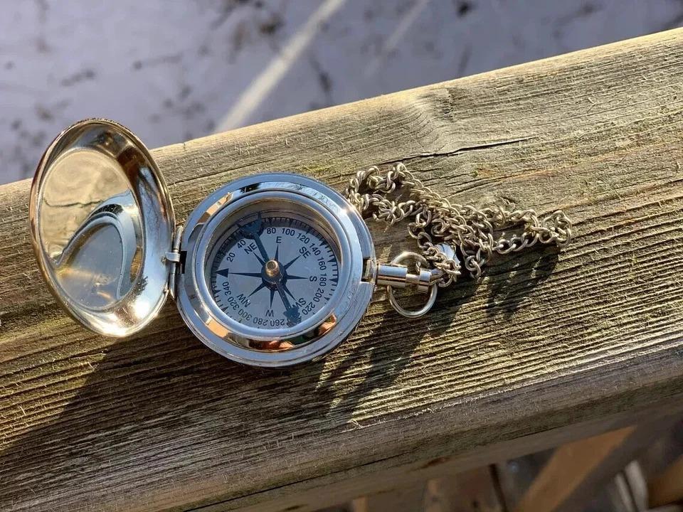 Brass Silver Finish Pocket Compass – Nautical Marine Collectible Compass Gift