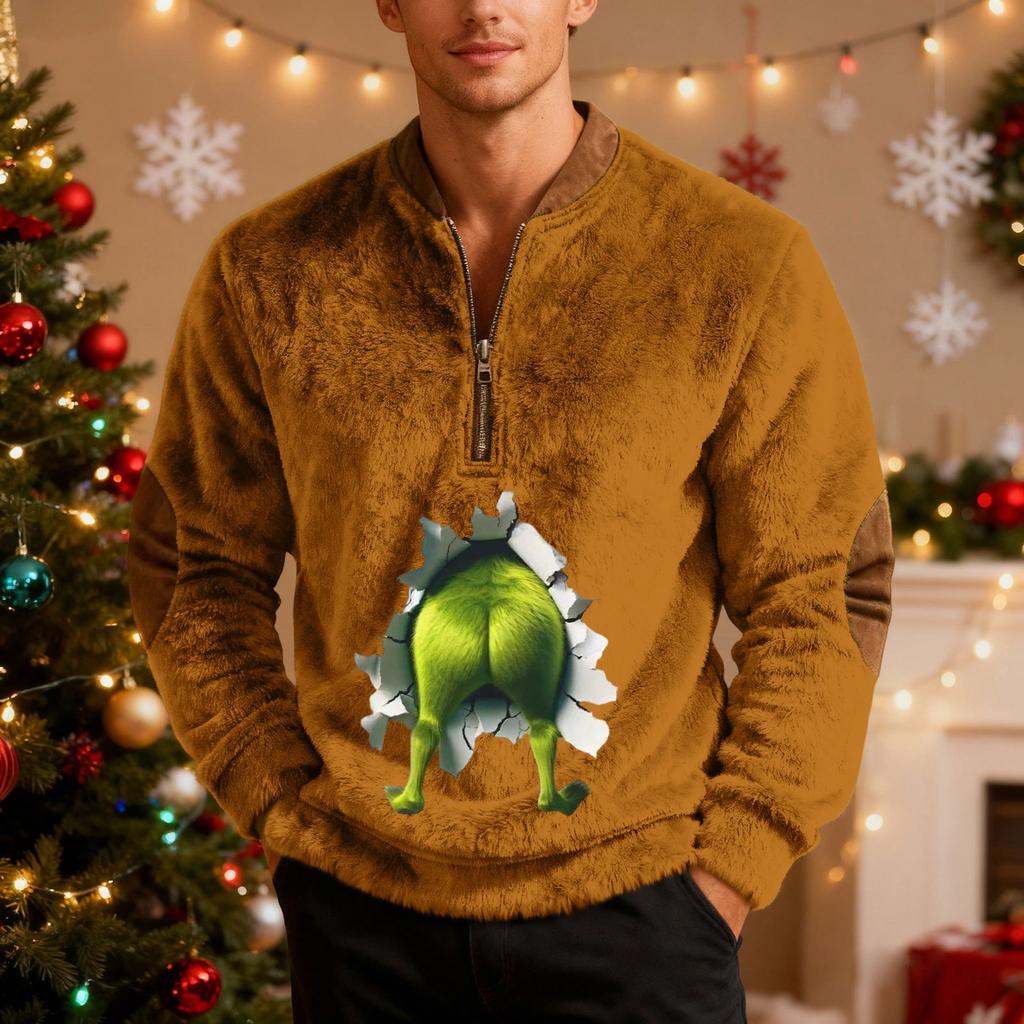 Herren Casual Reißverschluss-Sweatshirt mit Weihnachtsdruck für die Feiertagsparty und den Winter