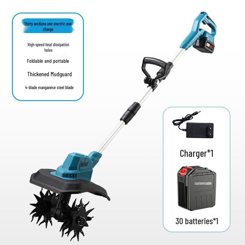 New Lithium Battery Micro Tiller: Four-Blade Soil Loosener for Home Gardening