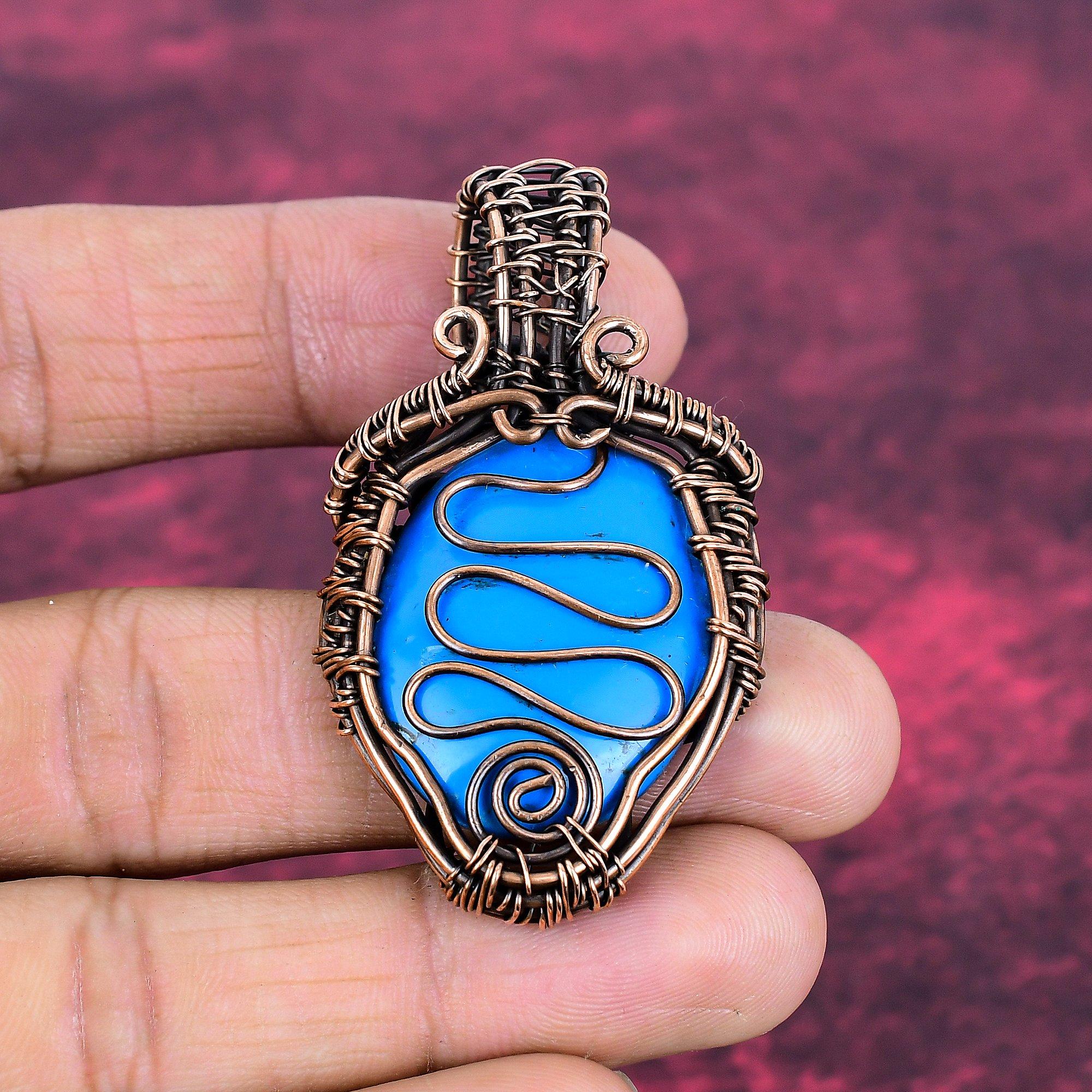 Sleeping Beauty Turquoise Gemstone Pendant Copper Wire Wrapped Handmade Jewelry