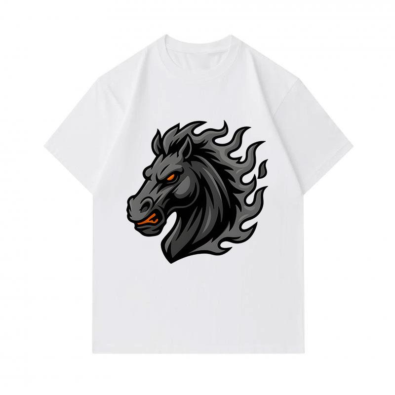Men's 100% Cotton Crew Neck Short Sleeve T-Shirt, Cool Dark Flame Hell Horse Head Graphic Printed Casual Breathable Summer Tops for Daily Street Wear