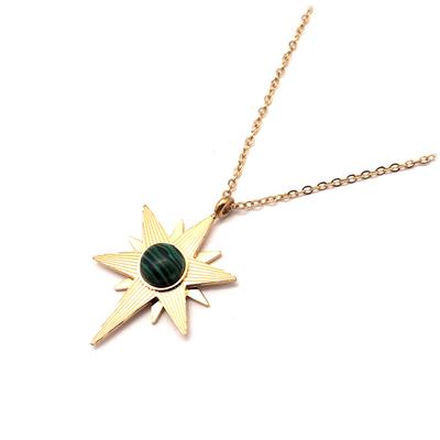 [Q5027] - Gold Malachite Green 'Etoile Du Nord' Steel Designer Necklace - 25x18 Mm