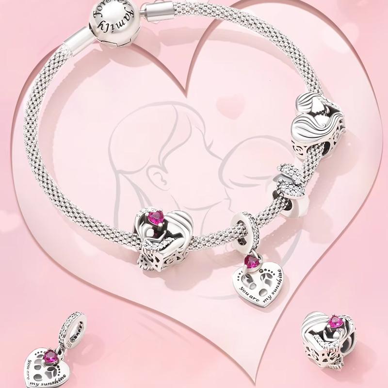BAMOER 925 Silver Mother & Daughter Bead Affinity Heart Charm for Women Bracelet Bangle DIY Mother's Day Gift BSC687