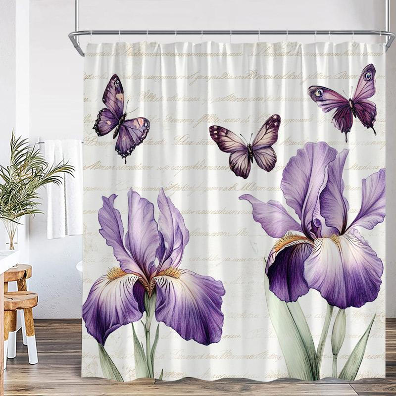 Floral Butterfly Shower Curtains Vintage Paris Tower Butterflies Watercolour Pink Purple Flowers Bath Curtain Bathroom Decor Set