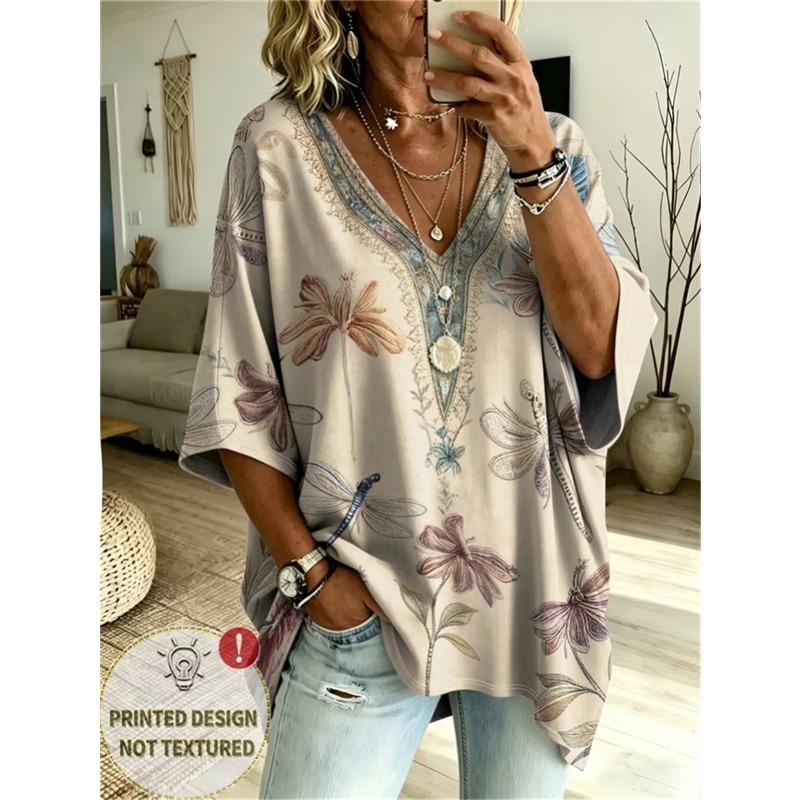 T-shirt da Donna Taglie Forti con Scollo a V e Maniche a Pipistrello Stampa Etnica Bohemien Top Largo Estivo Comodo Traspirante per il Pendolarismo Quotidiano Casual