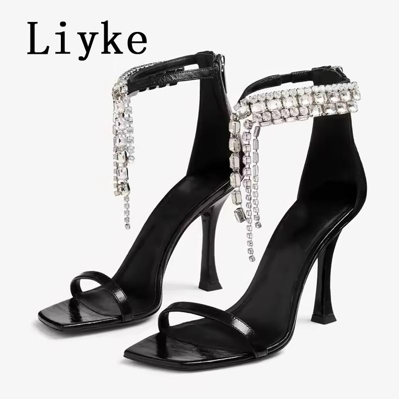 

Fashion Liyke 2025 New Fashion Crystal Tassels Woman Sandals Sexy Ankle Zip Cover Strap Rhinestone High Heels Wedding Party Shoes Women 34 чёрный