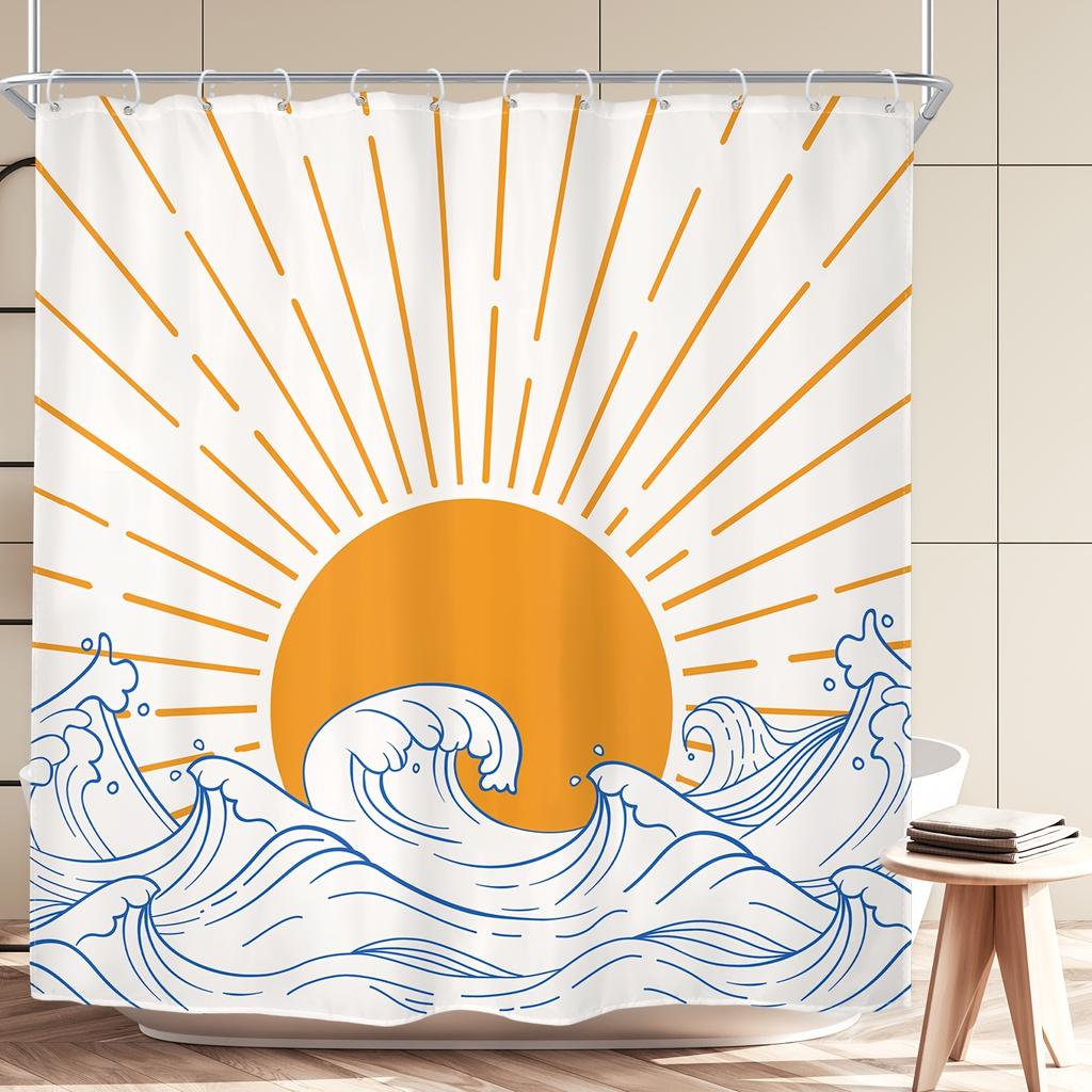 Sun Wave Shower Curtain - Abstract Retro Sunrise/Sunset Lines, Modern Mid-Century Design, Waterproof,Bath Decor