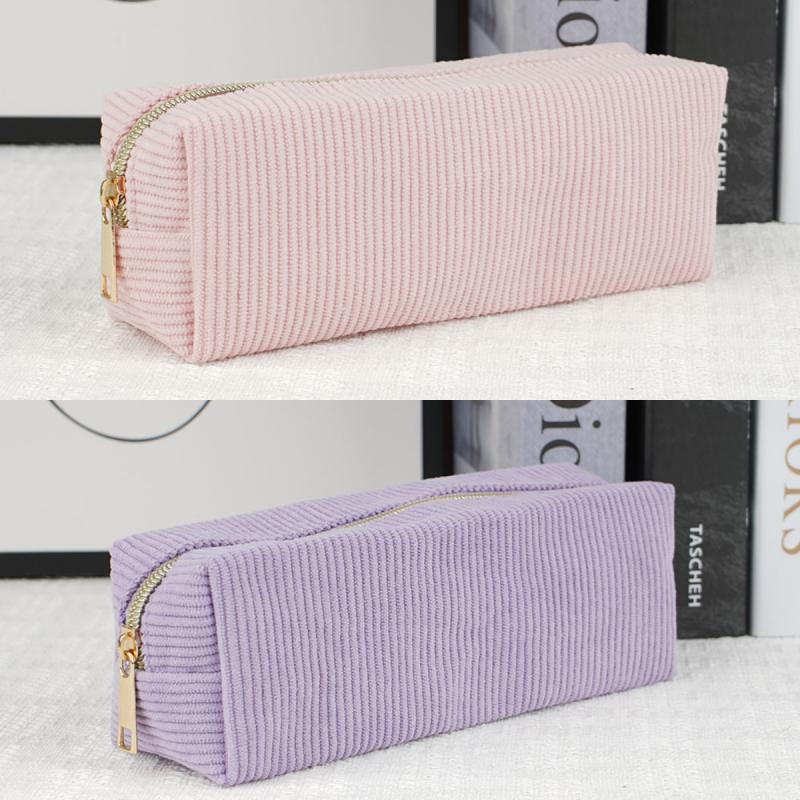 Vintage Simple Solid Color Corduroy Pencil Case Large Capacity Stationery Storage Bag School Supplies