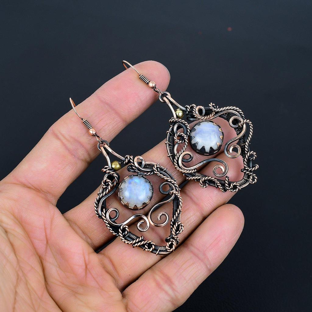 Rainbow Moonstone Earrings Gemstone Jewelry, 999 Copper Wire Wrapped Earrings, Handmade Beautiful Jewelry Earrings