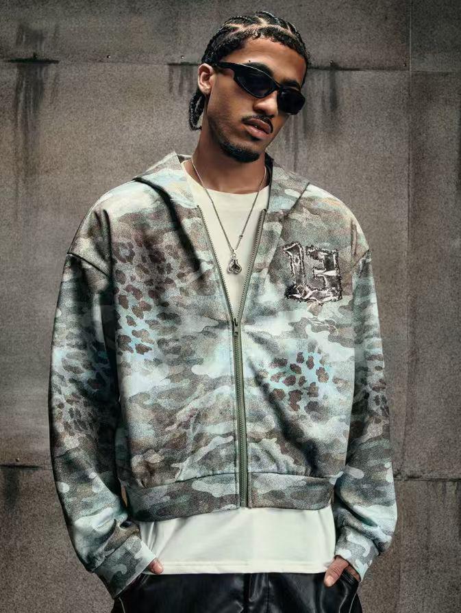 Hot Sale American Retro Camouflage Hooded Sweater, Street Letter 3D Printed Loose Zipper Sweater Top