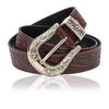 [Laquest] Sheridan Carving Pattern Embossed Leather Belt Western D-Buckle Men's Cowhide Leather Belt (Wine Red)
