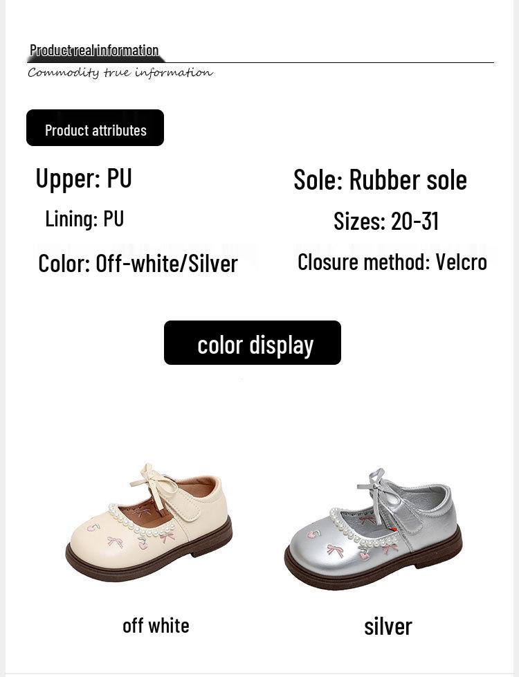 Cherry Leather Bowknot Princess Shoes for Girls - Soft Sole Pearl Trim Flats