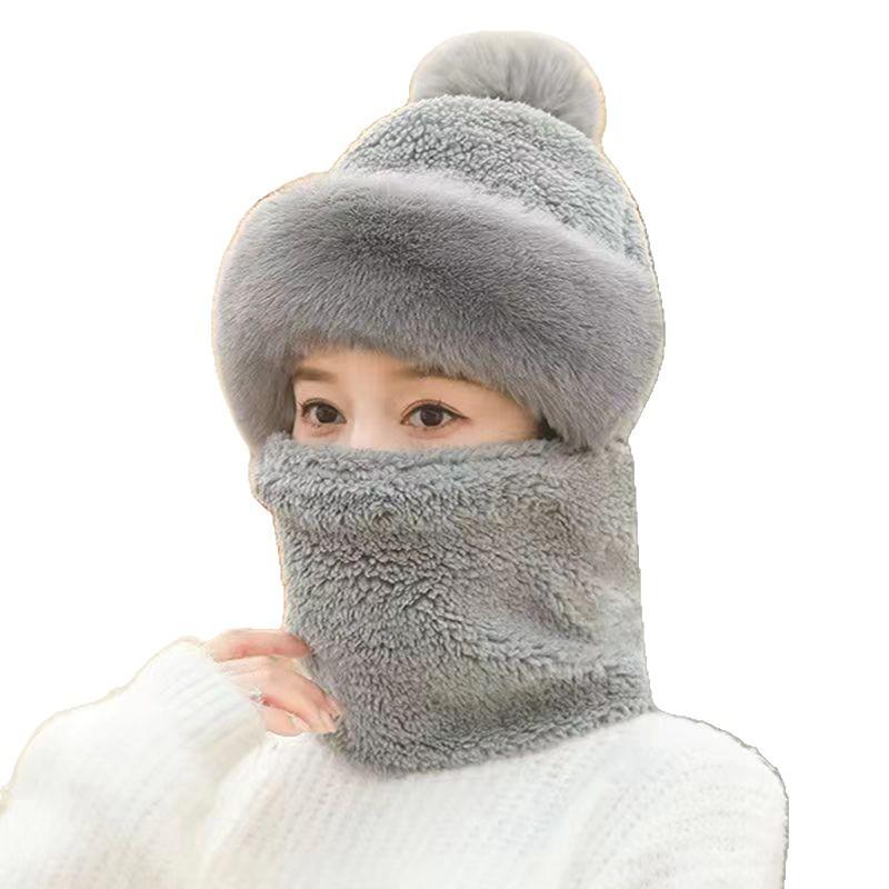 Thickened Warm Plush Hat In Winter Scarf Mask Integrated Pull Out Hat New Neck Protection Cycling Knitted Wool Ball Hat