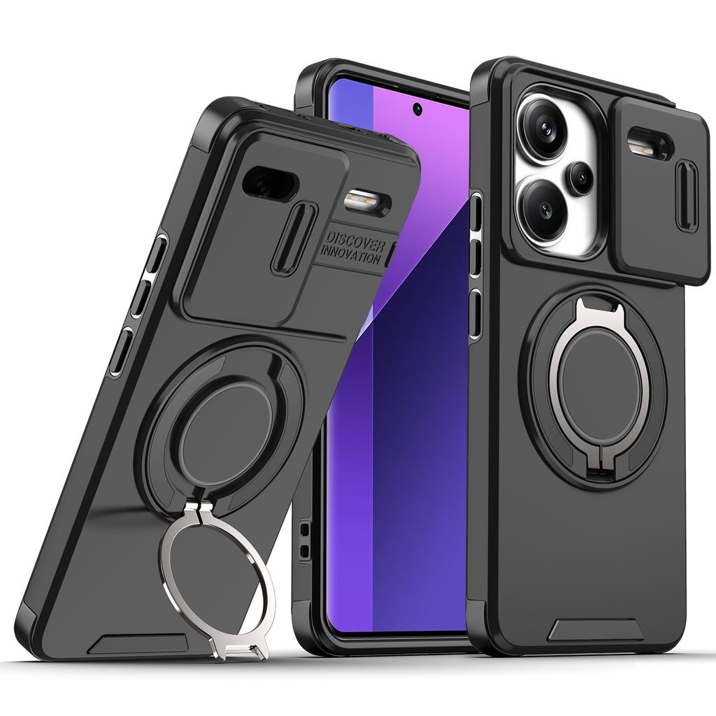 Magnetic Metal Ring Stand Armor Case For Xiaomi Redmi Note 13 Pro Plus 5G Slide Push Window Lens Protection Phone Cover Shell