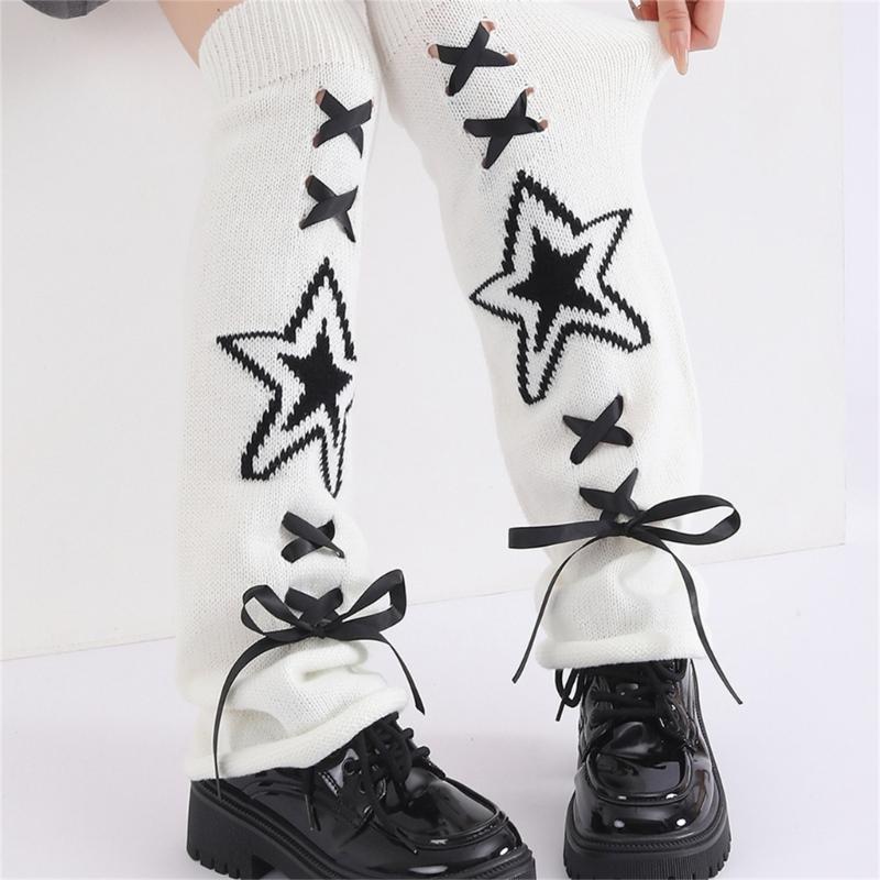 Women's Punk Star Pattern Knitted Leg Warmers with Ribbon Bows Flared Boot Covers Knee Length Socks Japanese Streetwear