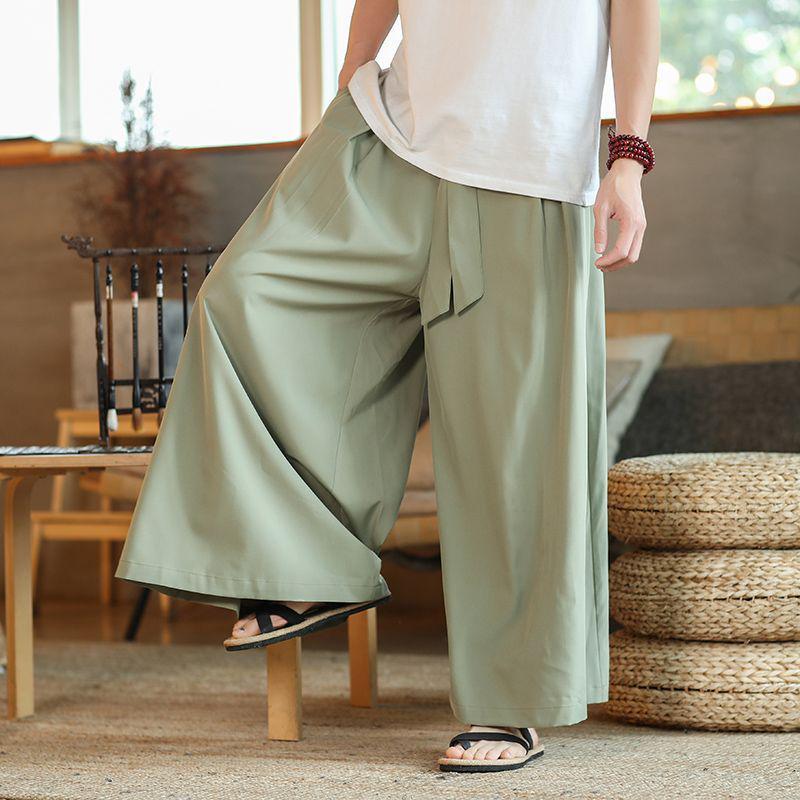 Men's Wide-Leg Ice Silk Culottes - Chinese Style Hanfu Tang Suit Meditation Skirt Pants