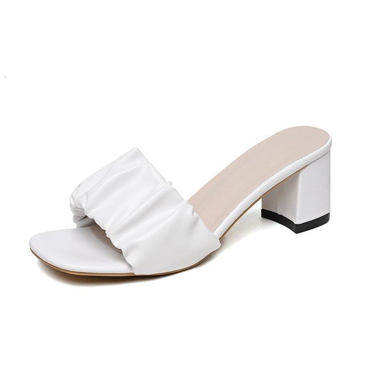 

Fashion Hot Selling 2025 Heel Slippers Fashion Pleated Square Toe Green Orange Women Sandals Casual Elegant Ladies Sandals Plus Size 42 35 белый