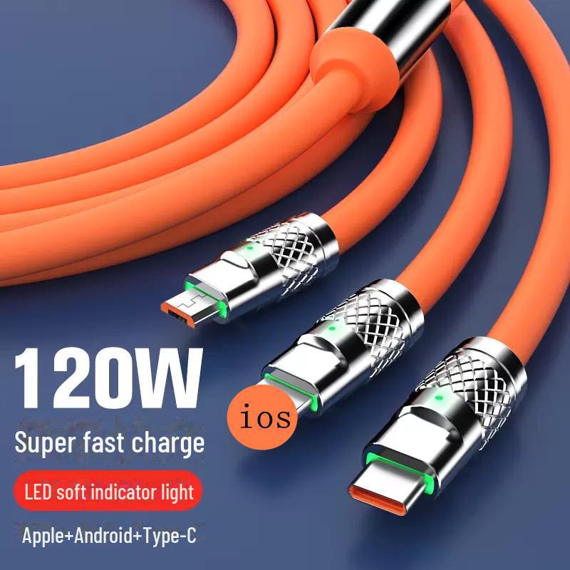 Cavo di Ricarica Rapida Tre-in-Uno in Lega di Zinco da 120W 6A con Luce