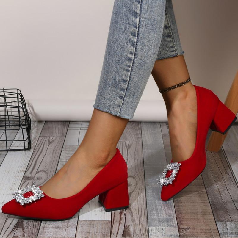 Fashion Rhinestone Square Button Block Heel Single Shoes Women's Autumn New Pointed Toe Shallow Mouth Slip-On High Heels