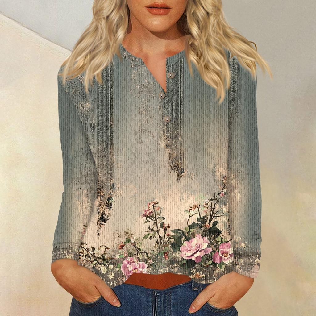 Women's T Shirt Tee Print Button Long Sleeve Daily Weekend Fashion Basic V- Neck Regular Top