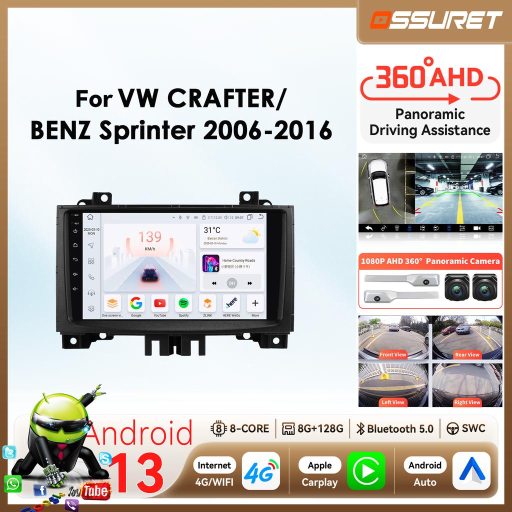 Ossuret Car radio for Benz Sprinter Volkswagen Crafter 2006 - 2016 Wireless Carplay Android Auto multimedia GPS Autoradio 360 Cam SWC BT