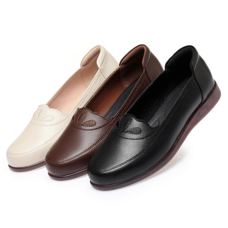 Spring and Autumn Genuine Leather Rubber Sole Soft Sole Middle-aged and Elderly Shoes Flat Leather Shoes Women's Shoes