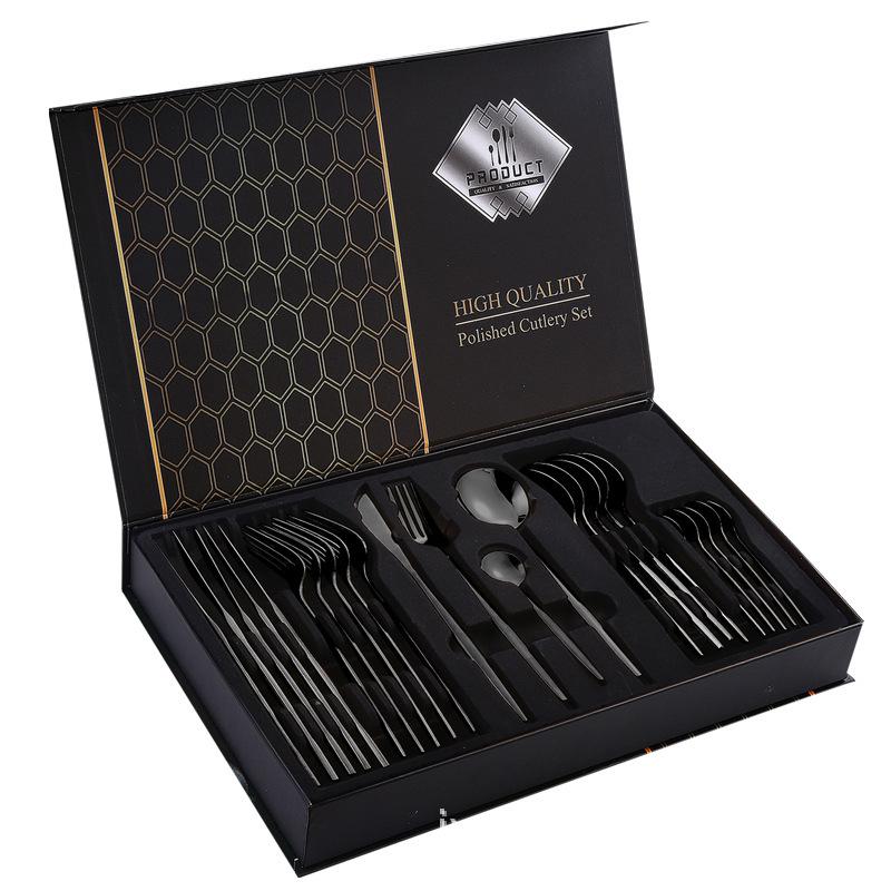 Set di posate da 24 pezzi in acciaio inossidabile con scatola regalo nera per ristoranti portoghesi - Include forchette e cucchiai